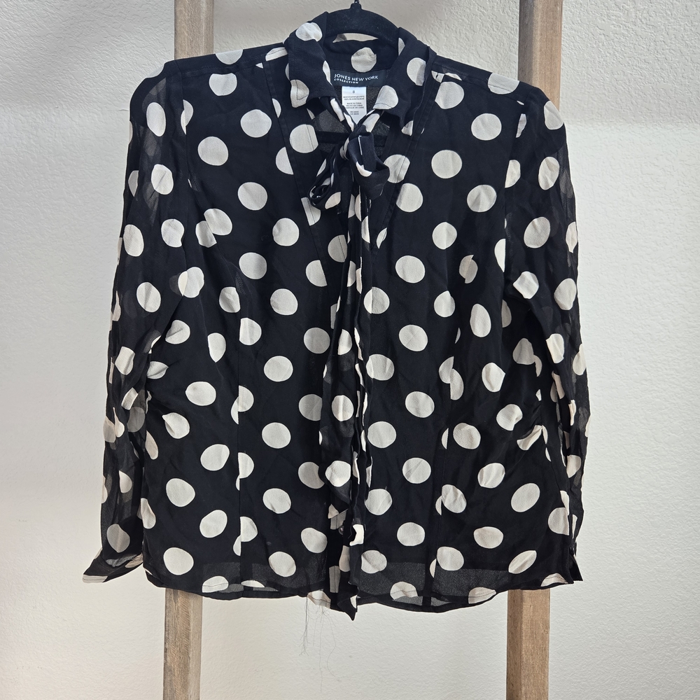 Jones New York Black and White Polka Dot Silk Blouse